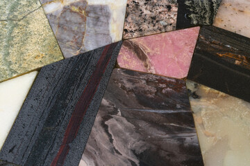Collection of natural stones such as larimar, hematite, dolomite, skarn, jasper, fluorite and...