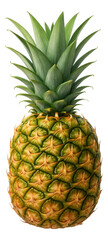 Fresh whole pineapple with vibrant green leaves and textured yellow skin on transparent background.