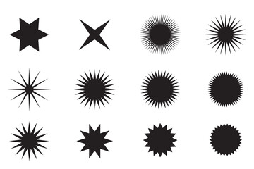 Circle sticker set. Starburst speech bubbles. Wavy edge promo black badges. Starburst shape tags for price. Blank sale stickers