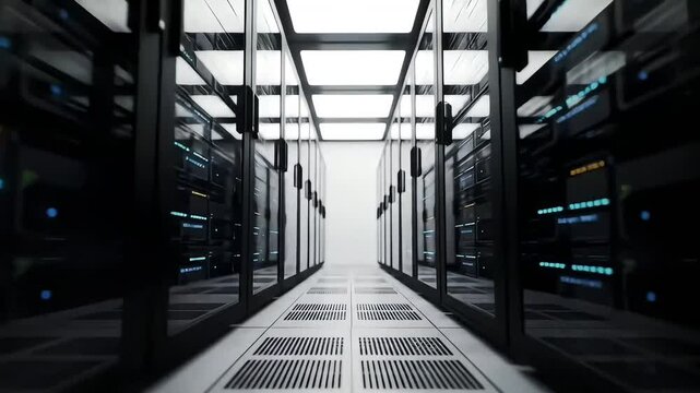 Modern server room infrastructure showcasing countless data servers and glowing lights behind glass walls