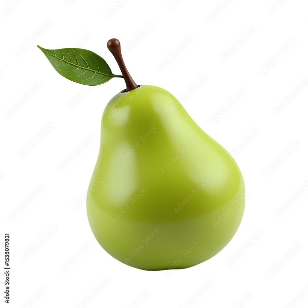 Poster a single green pear with a stem and leaf isolated on transparent background