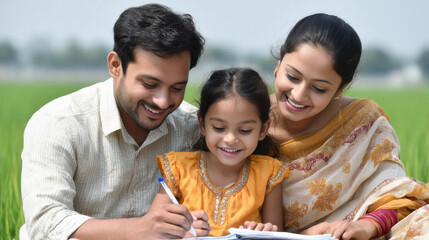 little girl writing with parents