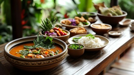 An artistic image of  being served in a traditional Thai ceramic bowl, with a garnish of fresh herbs and a few side dishes arranged on a wooden table.