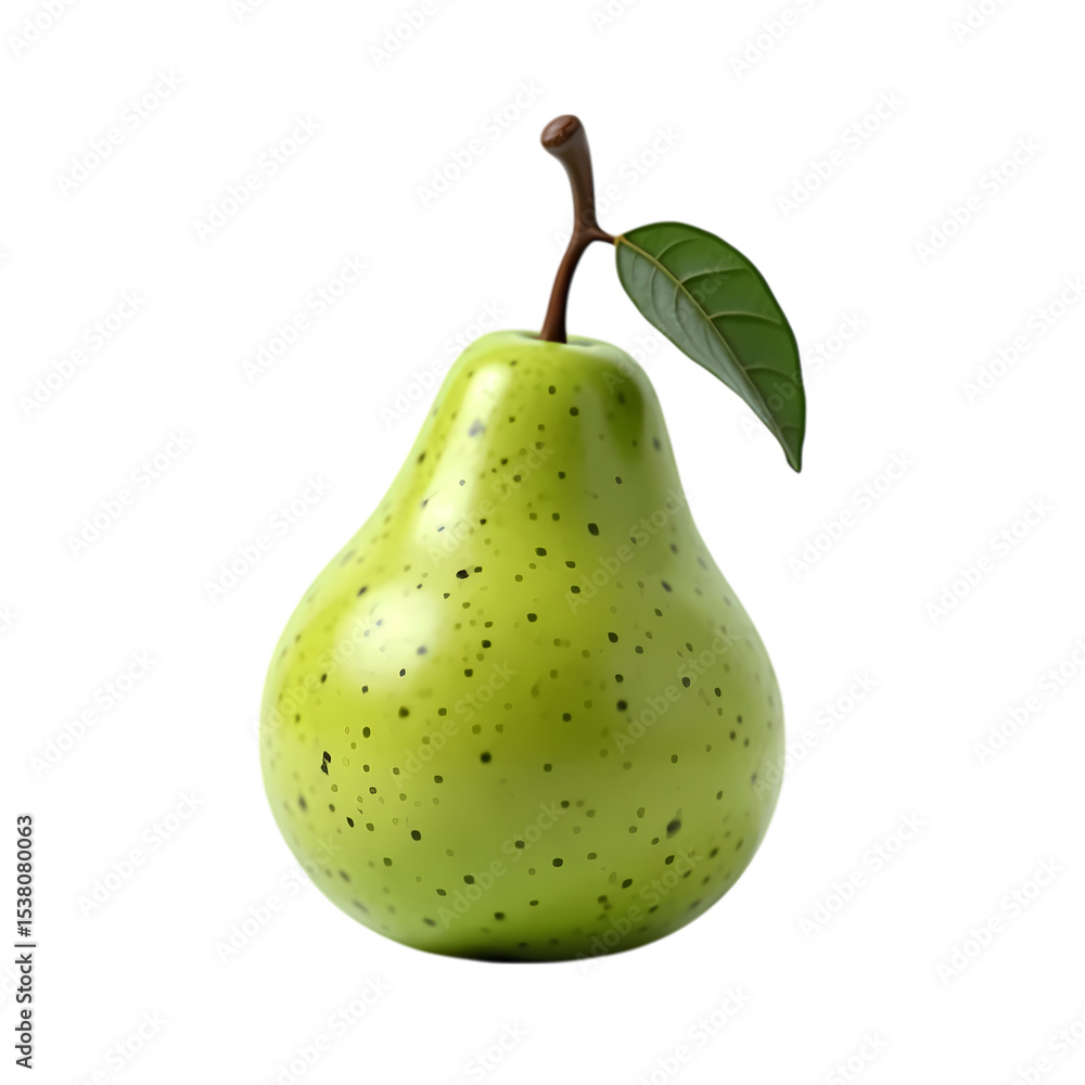 Poster a single green pear with a leaf isolated on transparent background