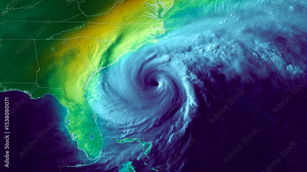 Aufkleber High-tech satellite probes and sensors capture real-time data of a powerful hurricane forming in the Atlantic, impacting coastal areas and aiding climate monitoring and weather forecasting.