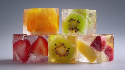 Fruit-Embedded Ice Cubes Displaying Vibrant Colors and Textures