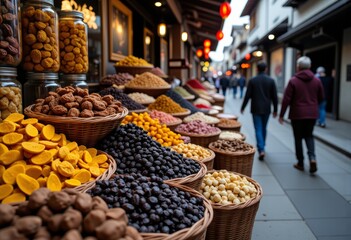 Fototapeta premium Street food market with baskets of dried fruits and nuts, for mockup or advertising
