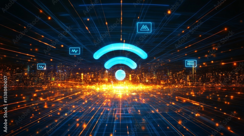 Poster an artistic representation of data flowing through the air as wi-fi signals, illustrated with bright