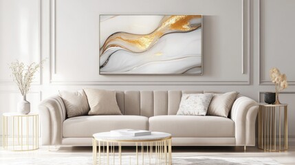 Luxury modern living room with a plush beige sofa, abstract wall art, and soft golden accents for a minimalist yet opulent design