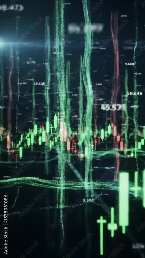 Poster a wide, establishing video of an abstract holographic neural network with glowing green/red candlest