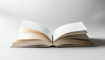 An open book with blank pages on a table.