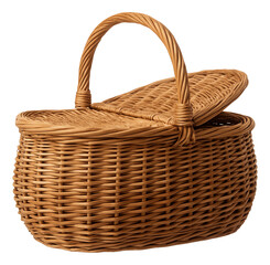 Wicker picnic basket with a partially open lid and sturdy handle on transparent background.