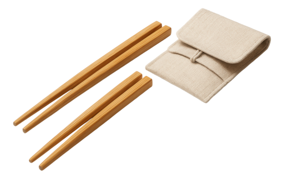 A set of wooden chopsticks accompanied by a beige fabric pouch, designed for portable and eco-friendly dining on transparent background.