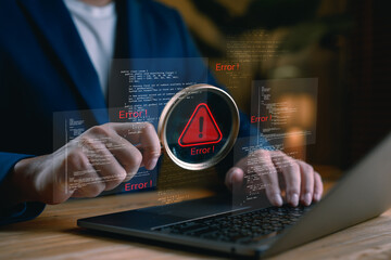 Debugging and error detection concept with programmer analyzing code on laptop. Perfect for software development, bug fixing, cybersecurity and code troubleshooting content.