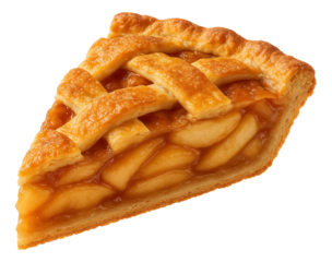 A slice of classic apple pie featuring a golden brown lattice crust and juicy apple filling on transparent background.