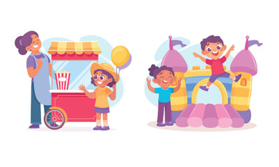 A vibrant and joyful carnival scene filled with friends enjoying various fun activities and delights