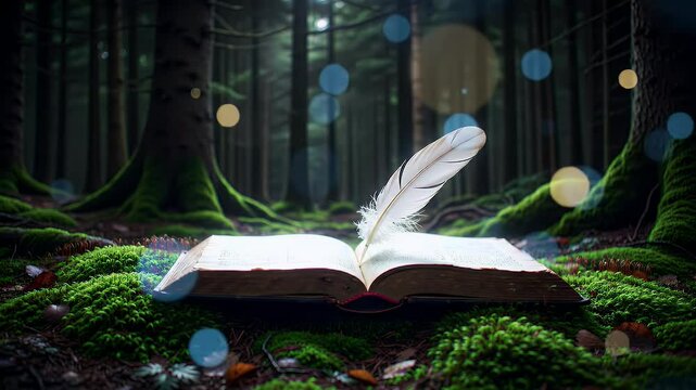 Enchanted Forest A Magical Open Book with Feather Quill Pen