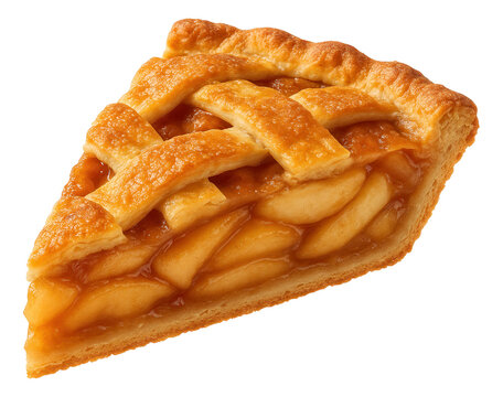 A slice of classic apple pie featuring a golden brown lattice crust and juicy apple filling on transparent background.