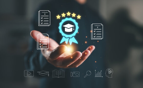 Certification concept with digital icons of diploma, checklist, and graduation cap symbolizing online learning, accreditation, skill development, e-learning and professional training platforms.