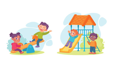 Children are joyfully playing together in a vibrant and colorful playground setting