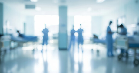 Blurred hospital scene with medical staff and beds in a bright environment.