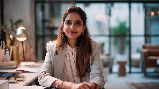 young indian woman in suit sitting at office