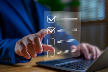 Task management concept showing businessman selecting items on digital checklist interface. Useful for productivity apps, project planning, digital workflow and to-do list presentations.