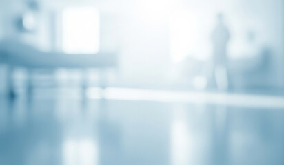 Blurred hospital interior with a person standing in the background.