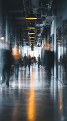 Bright business workplace with people in walking in blurred motion in modern office space. High quality