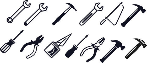 wrench, pliers, hammer, screwdriver, crowbar, saw, hand tools, hardware, industrial, mechanical, black and white, simple, minimalist, vector icons
