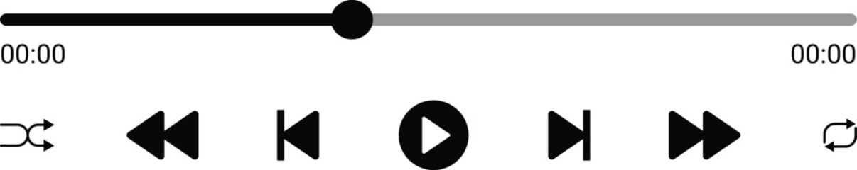 Music or video play bar icon. Audio player for songs or podcast playlist. Play, shuffle, repeat, rewind and fast forward buttons. Template of media player playback panel interface. © Habiba Anika