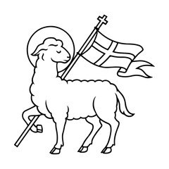 Line art of lamb with cross on flag, Lamb of God logo vector