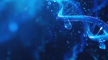 Blue Illuminated DNA Strand with Water Droplet