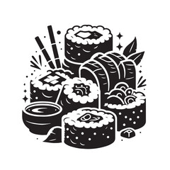 Black Sushi Rolls Silhouette Vector, High Quality Illustration on White Background