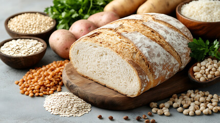 Naklejka premium A vibrant assortment of carbohydrate-rich foods, such as bread, pasta, grains, and potatoes, highlights various sources of carbohydrates.