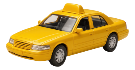 Yellow toy taxi cab model with a rooftop sign and realistic details on transparent background.