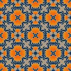 seamless floral pattern,created by drawing curves together to form blue leaves and orange flowers with red stamens,banana combs and grey background in geometric patterns as fabric and tile patterns.