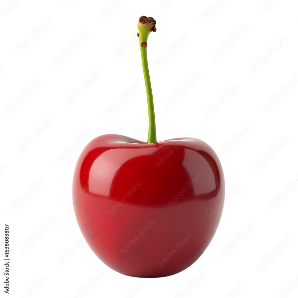 Poster isolated close up of a single red cherry with a green stem isolated on transparent background