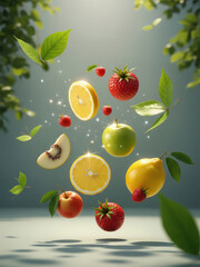 Vibrant floating assortment of fresh strawberries, lemons, apples, kiwi, and leaves in a bright, airy setting with soft shadows and a calm background