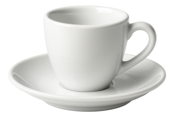 A plain white ceramic coffee cup with a matching saucer on transparent background.
