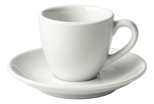 A plain white ceramic coffee cup with a matching saucer on transparent background.