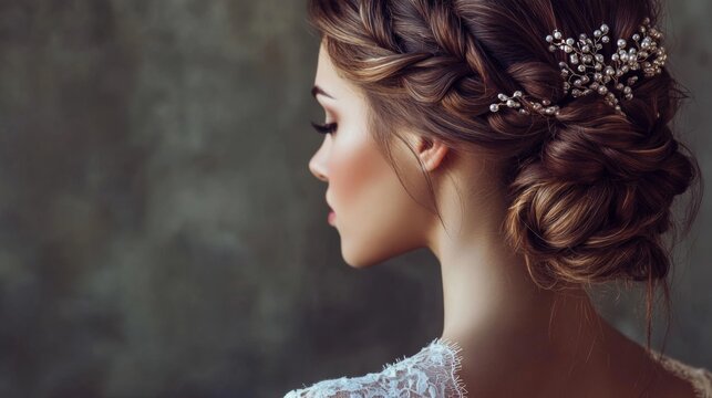 An elegant image of a woman with an intricate updo hairstyle, featuring braided sections and delicate accessories, perfect for a formal event or wedding.