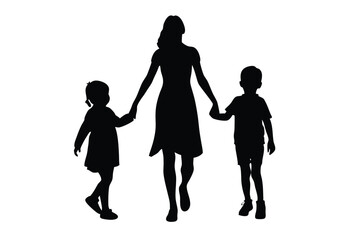 Mom walking with kids holding hands silhouette simple icon vector illustration flat design 