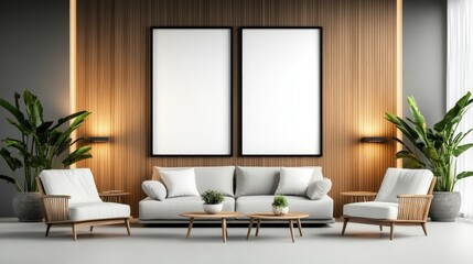 A modern living room with neutral tones, featuring a sofa, armchairs, plants, wooden accents, and two large blank wall frames.