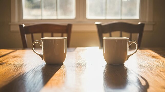 Two ceramic coffee mugs placed on opposite ends of a wooden kitchen table in warm morning light, evoking subtle emotional distance and quiet introspection in a cozy domestic setting

