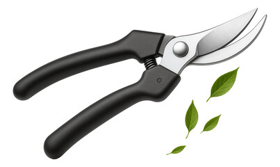 Obraz premium Black-handled garden shears with sharp blades, accompanied by scattered green leaves on transparent background.