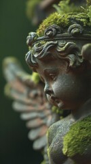 Obraz premium Close-up of fountain cherub sculpture with moss details, elegant country manor visible in blur