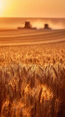 Obraz premium Harvesting Wheat at Sunset: Combines in Action