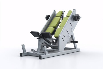 Leg press machine in 3D, isolated against white, with a fun, playful plastic texture.