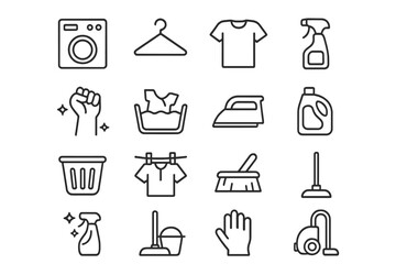Icons representing laundry and cleaning supplies in a minimalist style suitable for household cleaning guide